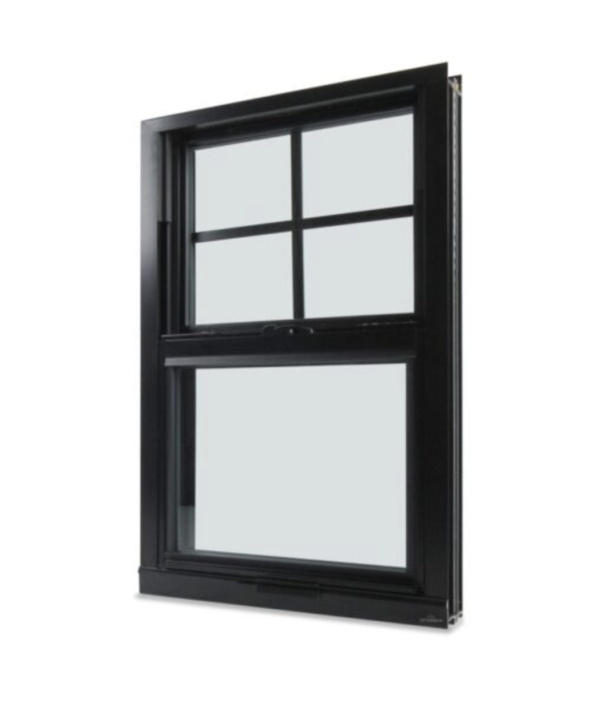 A black framed window with divided panes, featuring a horizontal sliding bottom section and a fixed top section.