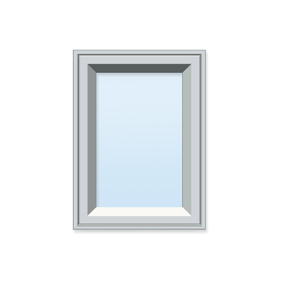A rectangular window with a simple grey frame against a white background.